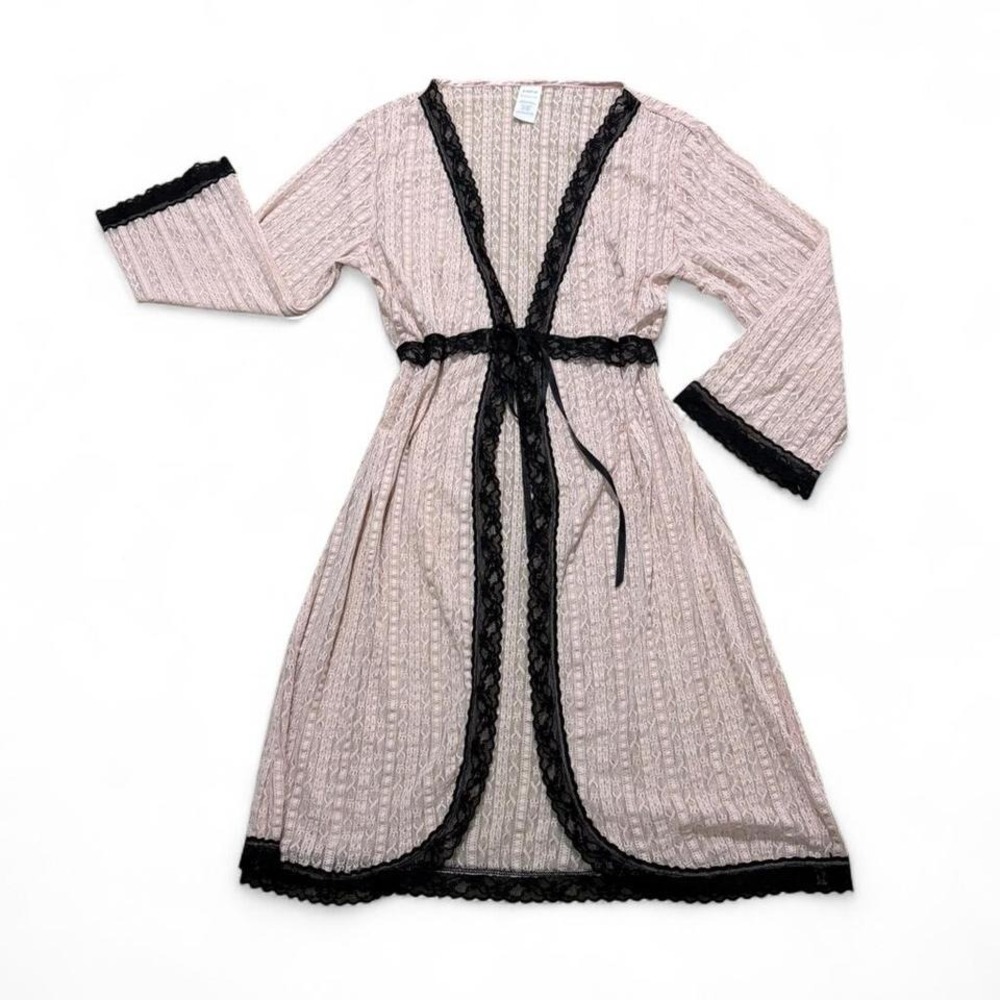 Pink and black romantic sheer lace cardigan empire waist tie front 1/4 sleeves